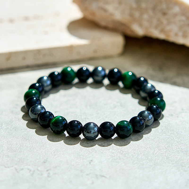 Braccialetto di perline in ematite e ossidiana con occhio di tigre verde Olivenorma 