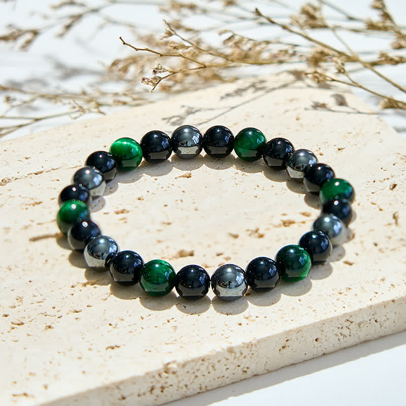 Braccialetto di perline in ematite e ossidiana con occhio di tigre verde Olivenorma 