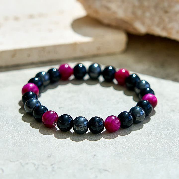Bracciale Olivenorma con perline in ematite e ossidiana occhio di tigre rosso rosa 