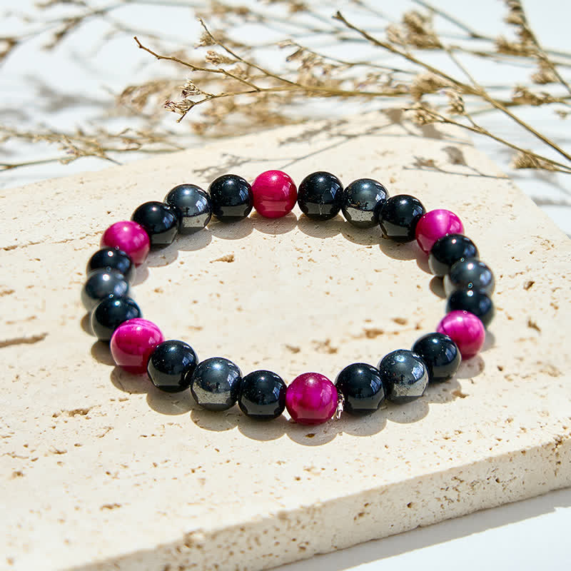 Bracciale Olivenorma con perline in ematite e ossidiana occhio di tigre rosso rosa 