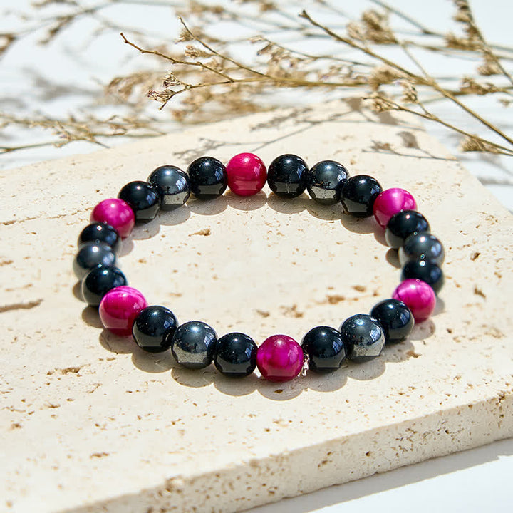 Bracciale Olivenorma con perline in ematite e ossidiana occhio di tigre rosso rosa 
