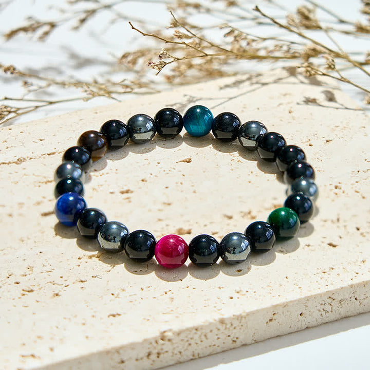 Braccialetto di perline di ematite e ossidiana occhio di tigre multicolore Olivenorma 