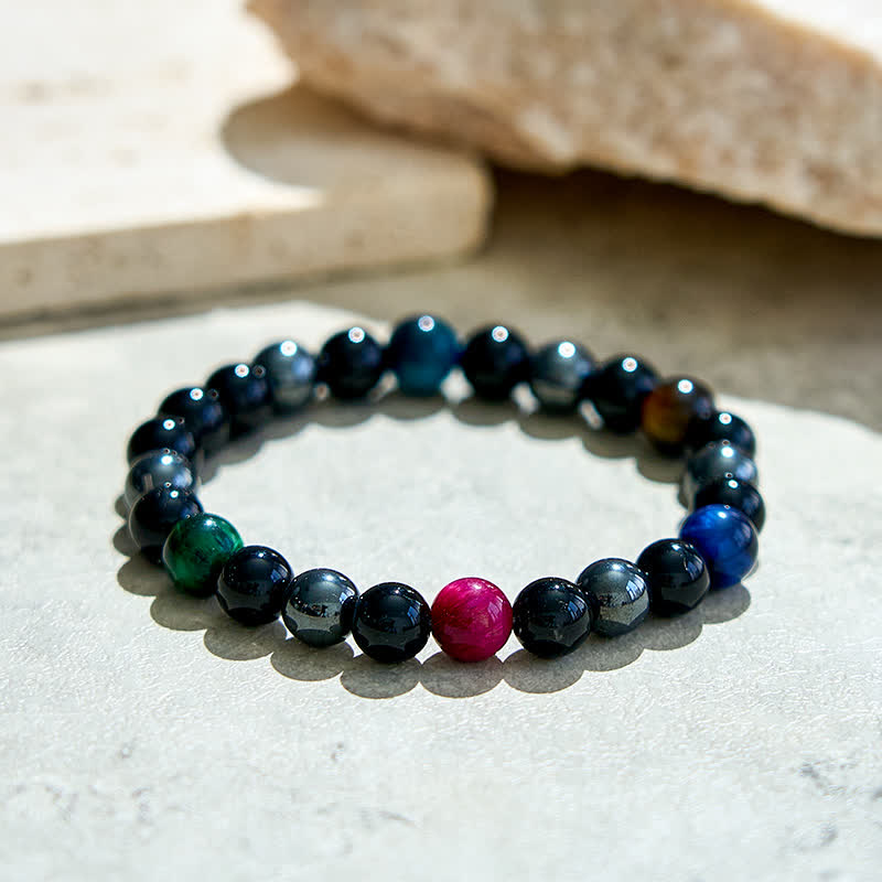 Braccialetto di perline di ematite e ossidiana occhio di tigre multicolore Olivenorma 