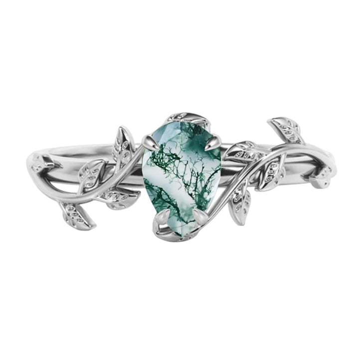 Anello di fidanzamento con foglia intrecciata in agata muschiata a taglio a pera Olivenorma