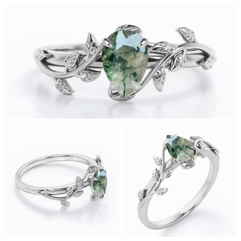 Anello di fidanzamento con foglia intrecciata in agata muschiata a taglio a pera Olivenorma