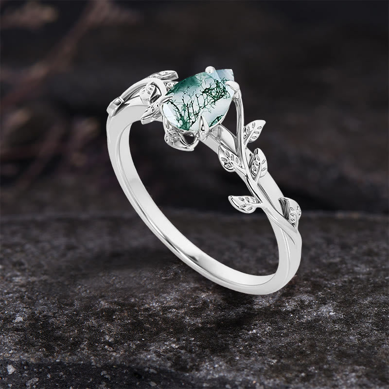 Anello di fidanzamento con foglia intrecciata in agata muschiata a taglio a pera Olivenorma