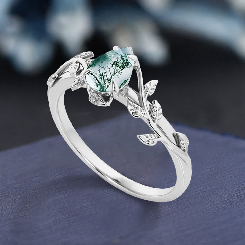 Anello di fidanzamento con foglia intrecciata in agata muschiata a taglio a pera Olivenorma