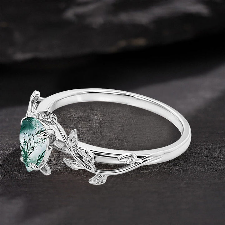 Anello di fidanzamento con foglia intrecciata in agata muschiata a taglio a pera Olivenorma
