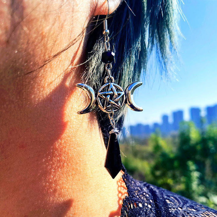 Orecchini pendenti in ossidiana con tripla luna della dea della strega Olivenorma