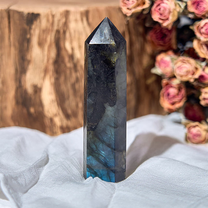 Olivenorma - Torre di Labradorite sfaccettata, bacchette di cristallo naturale lucidato