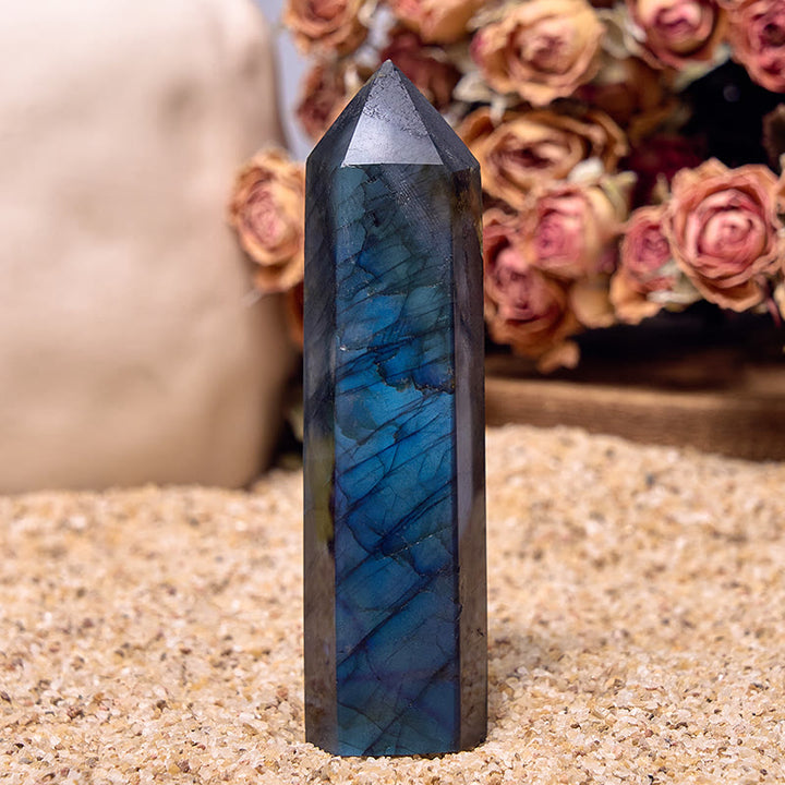 Olivenorma - Torre di Labradorite sfaccettata, bacchette di cristallo naturale lucidato