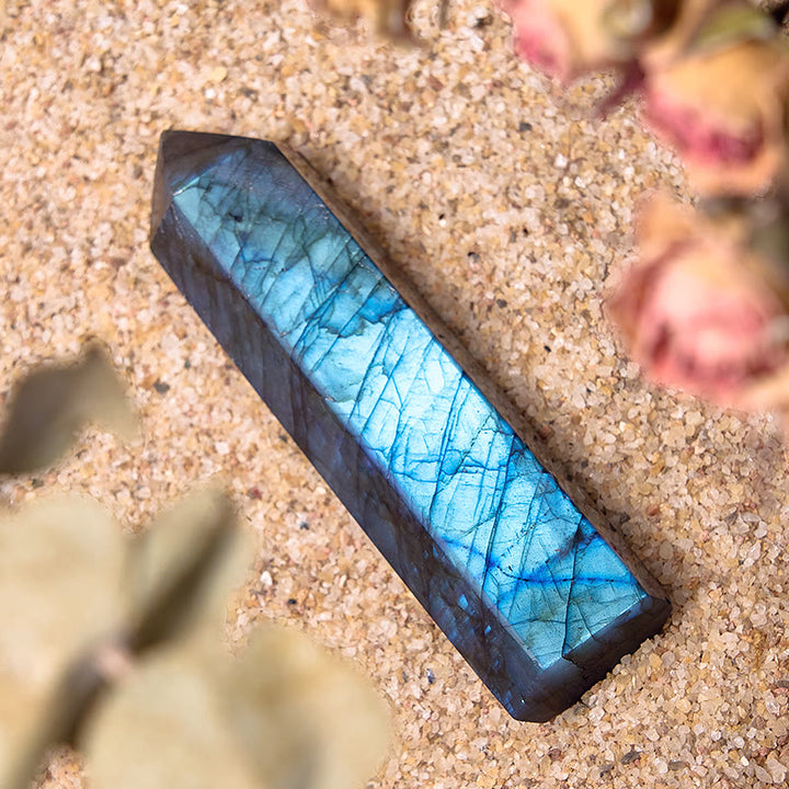 Olivenorma - Torre di Labradorite sfaccettata, bacchette di cristallo naturale lucidato