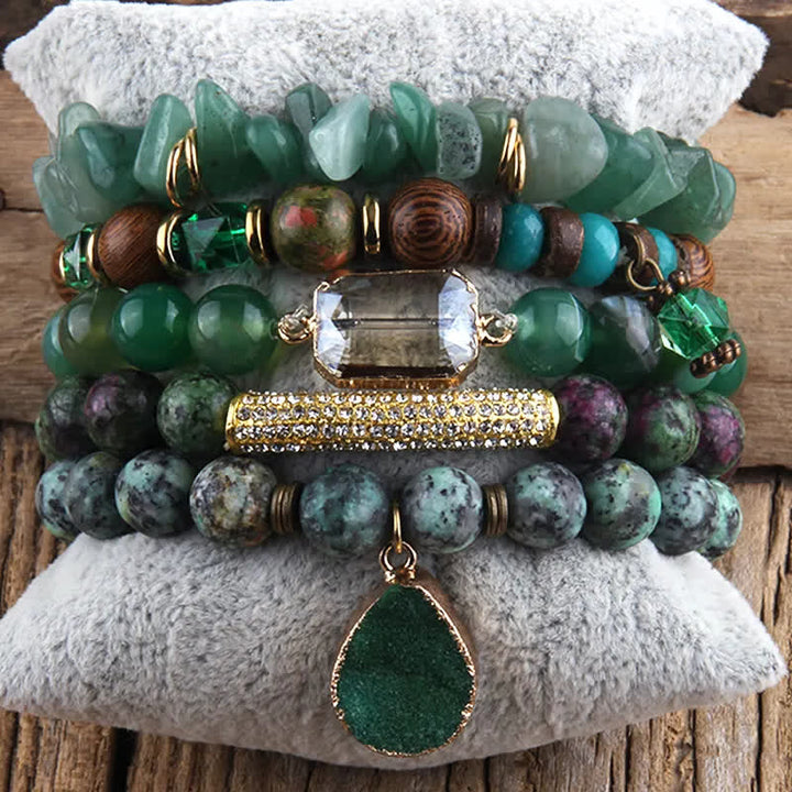 Olivenorma Set di bracciali con perline di avventurina verde e accessori in metallo