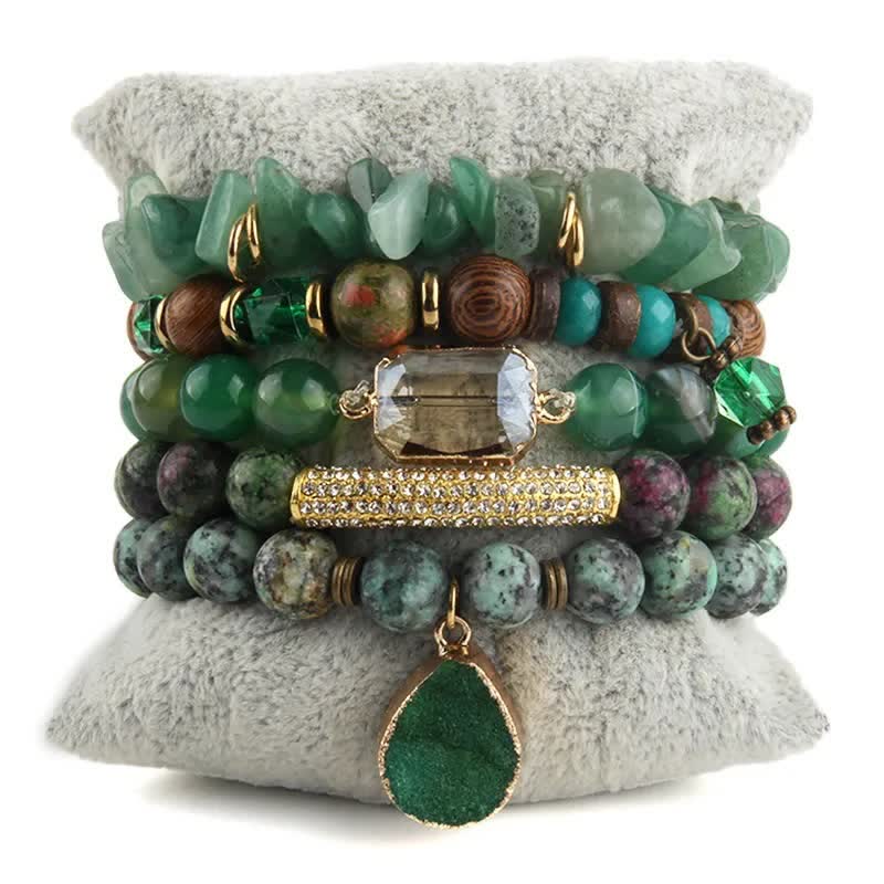 Olivenorma Set di bracciali con perline di avventurina verde e accessori in metallo