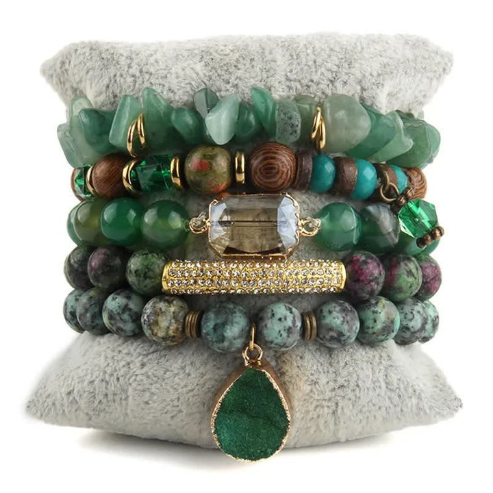 Olivenorma Set di bracciali con perline di avventurina verde e accessori in metallo