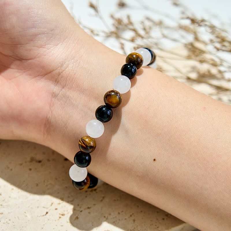 Bracciale Olivenorma con perline di cristallo trasparente in ossidiana e occhio di tigre
