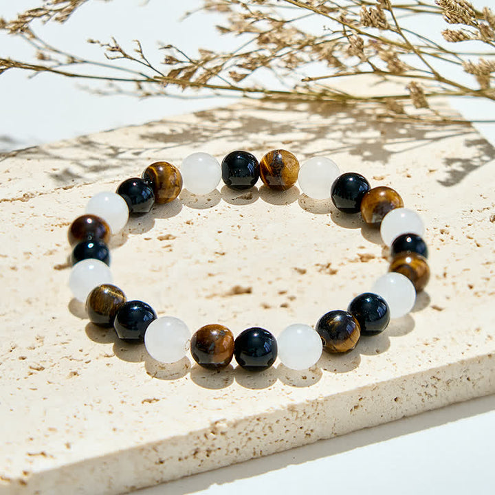 Bracciale Olivenorma con perline di cristallo trasparente in ossidiana e occhio di tigre