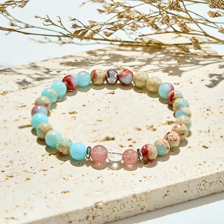 Bracciale Olivenorma in perle di quarzo fragola di agalmatolite naturale 