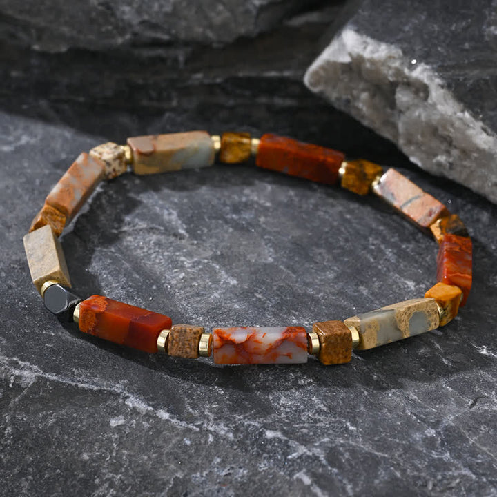 Bracciale Olivenorma con perline di agalmatolite naturale a strisce lunghe 
