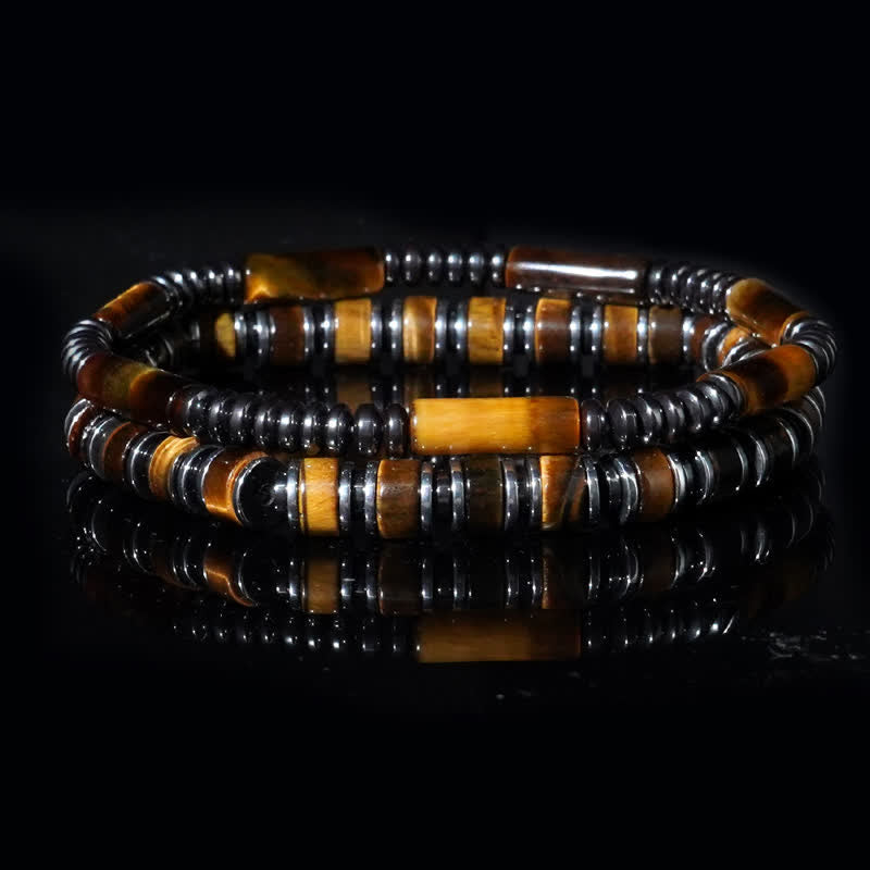 Bracciale Olivenorma in ematite naturale con perline di occhio di tigre, 2 pezzi 