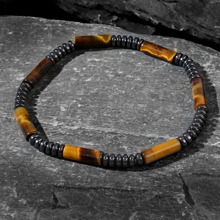Bracciale Olivenorma in ematite naturale con perline di occhio di tigre, 2 pezzi 
