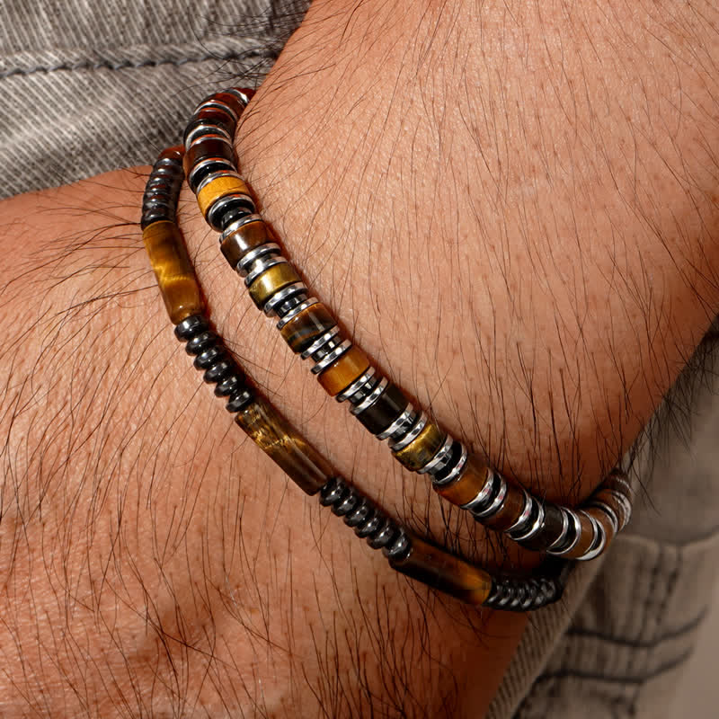 Bracciale Olivenorma in ematite naturale con perline di occhio di tigre, 2 pezzi 