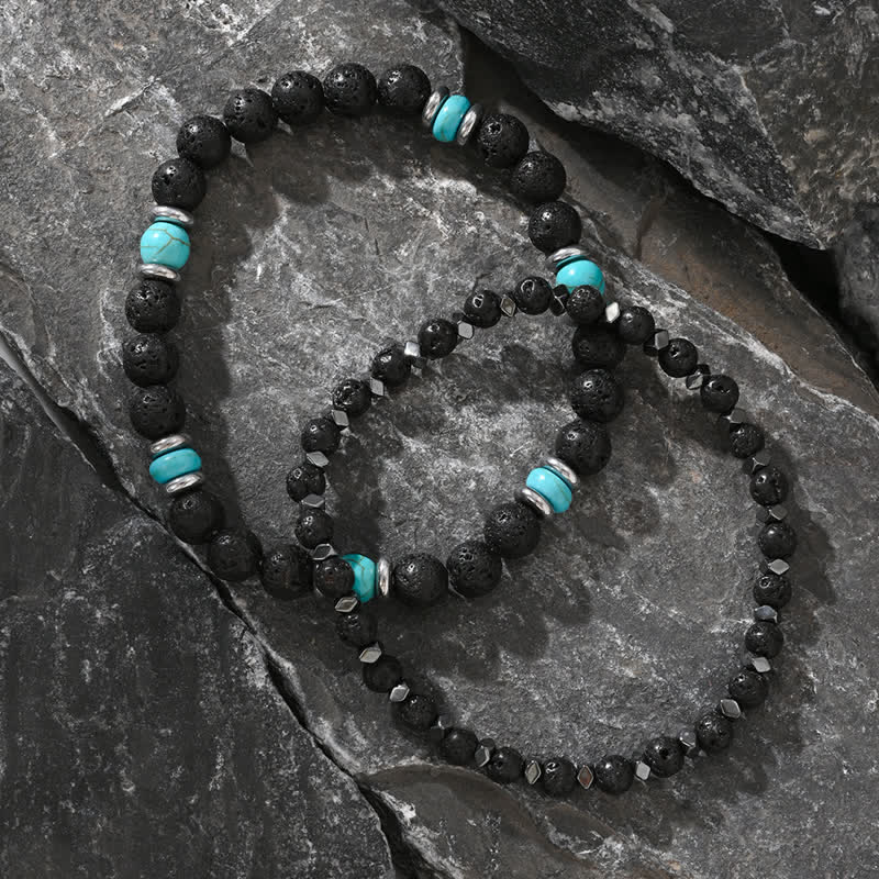 Bracciale Olivenorma in pietra lavica naturale ematite e perline turchesi 