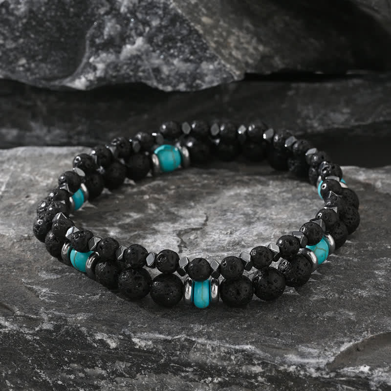 Bracciale Olivenorma in pietra lavica naturale ematite e perline turchesi 