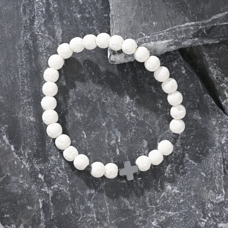 Olivenorma Bracciale con perline a croce in pietra lavica nera e bianca 