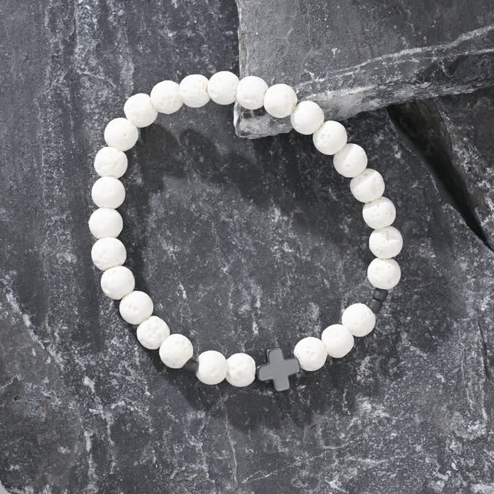 Olivenorma Bracciale con perline a croce in pietra lavica nera e bianca 