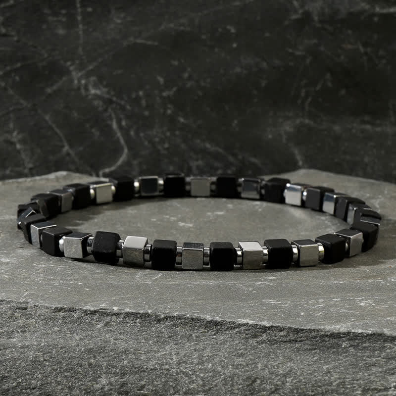 Bracciale da uomo Olivenorma con perline di cubo di ematite quadrate nere 