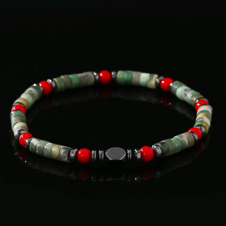 Bracciale Olivenorma in perline di corallo rosso, ematite e avventurina verde 