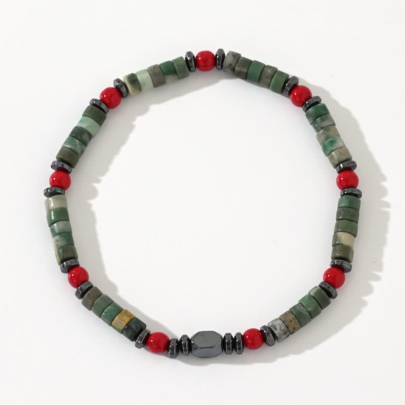 Bracciale Olivenorma in perline di corallo rosso, ematite e avventurina verde 