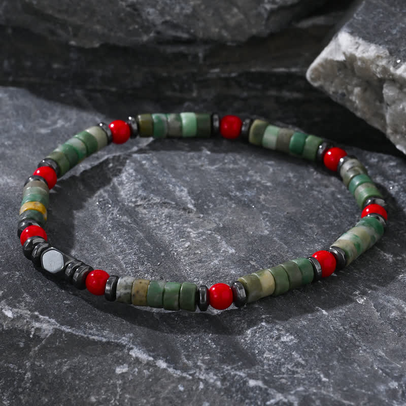 Bracciale Olivenorma in perline di corallo rosso, ematite e avventurina verde 