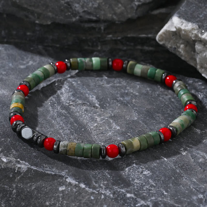 Bracciale Olivenorma in perline di corallo rosso, ematite e avventurina verde 