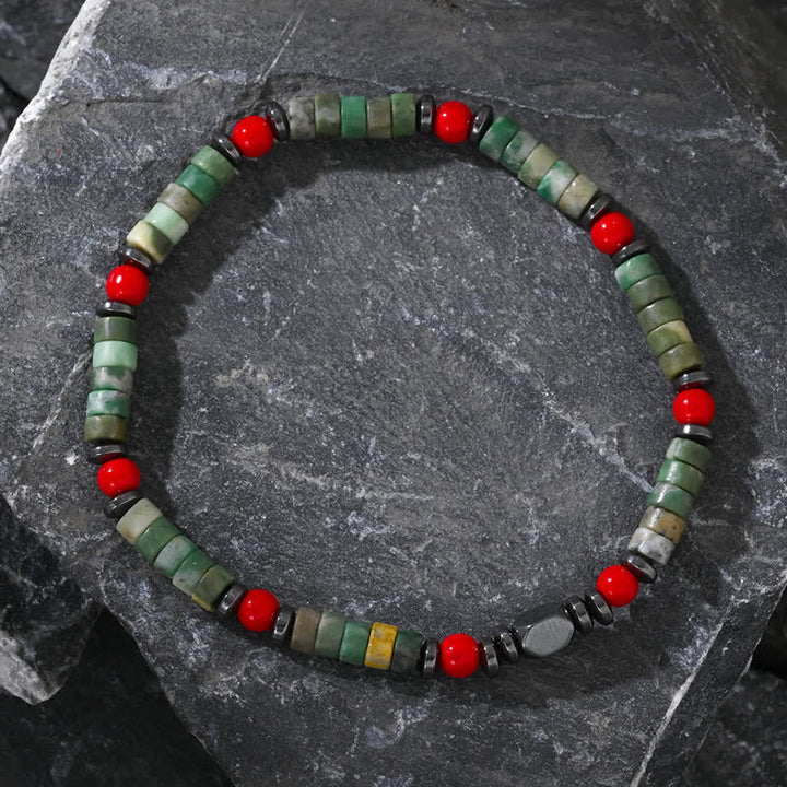 Bracciale Olivenorma in perline di corallo rosso, ematite e avventurina verde 