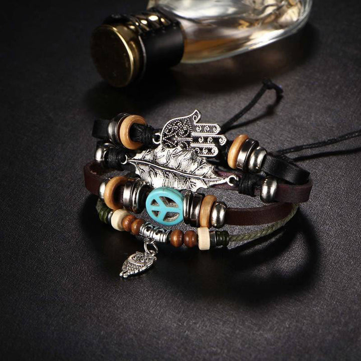 Olivenorma Braccialetto in pelle intrecciata Boho Hamsa multistrato - image 1