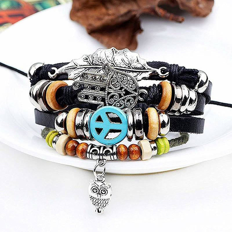 Olivenorma Braccialetto in pelle intrecciata Boho Hamsa multistrato - image 2