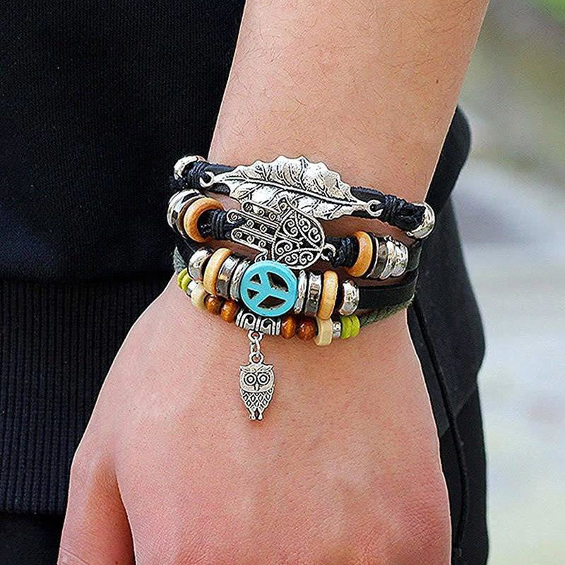 Olivenorma Braccialetto in pelle intrecciata Boho Hamsa multistrato - Mano di Hamsa - image 0