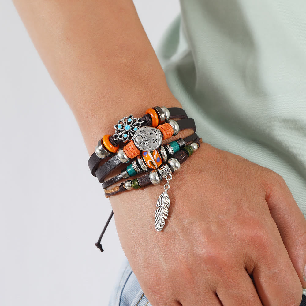 Olivenorma Feather Charms Braccialetto in pelle regolabile bohémien - image 1