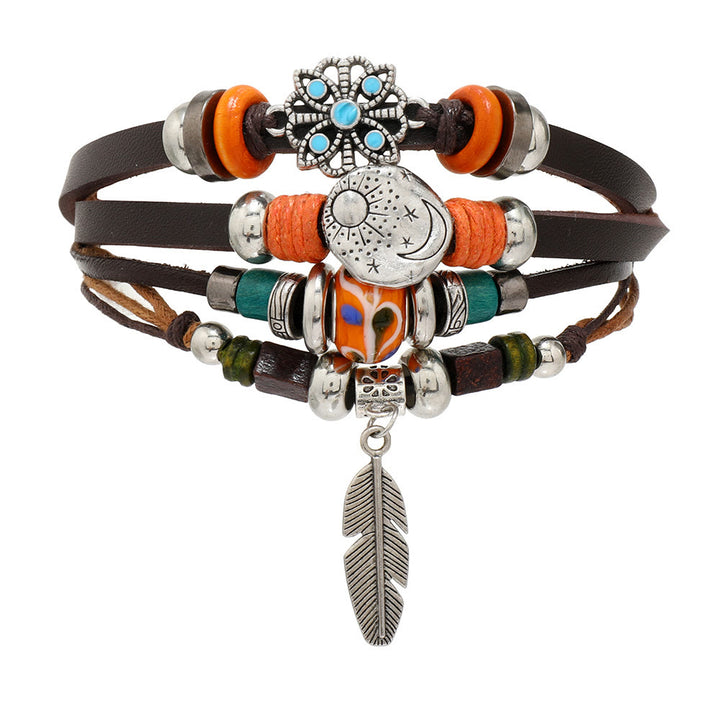 Olivenorma Feather Charms Braccialetto in pelle regolabile bohémien 