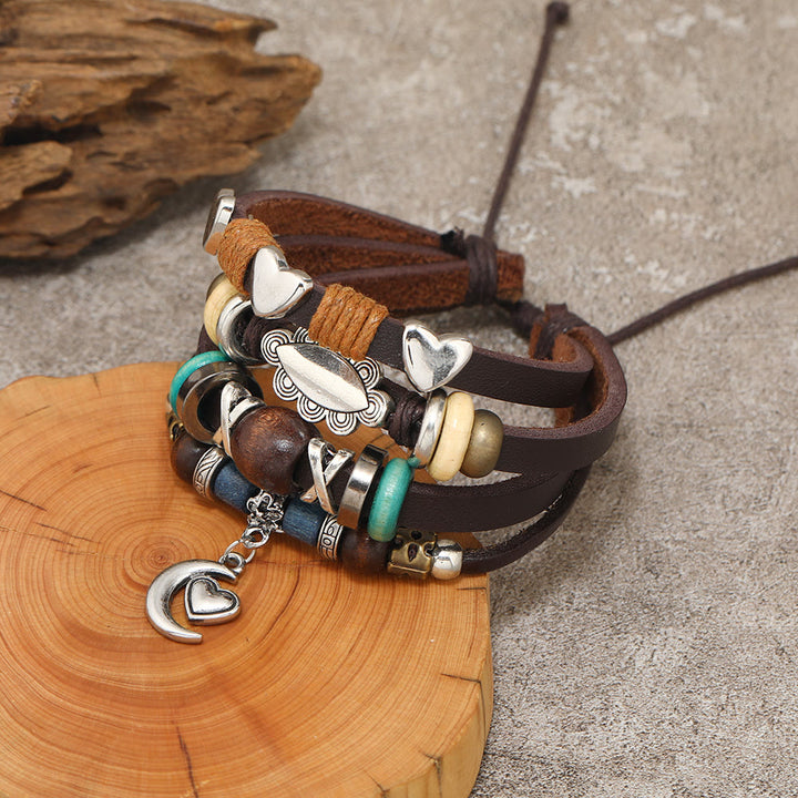 Olivenorma Moon Charms Braccialetti in pelle con perline multistrato 