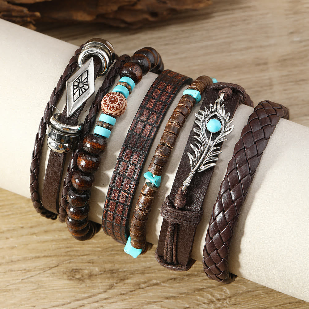 Olivenorma Feather Bracciale in pelle intrecciata fatta a mano in pietra naturale - image 1