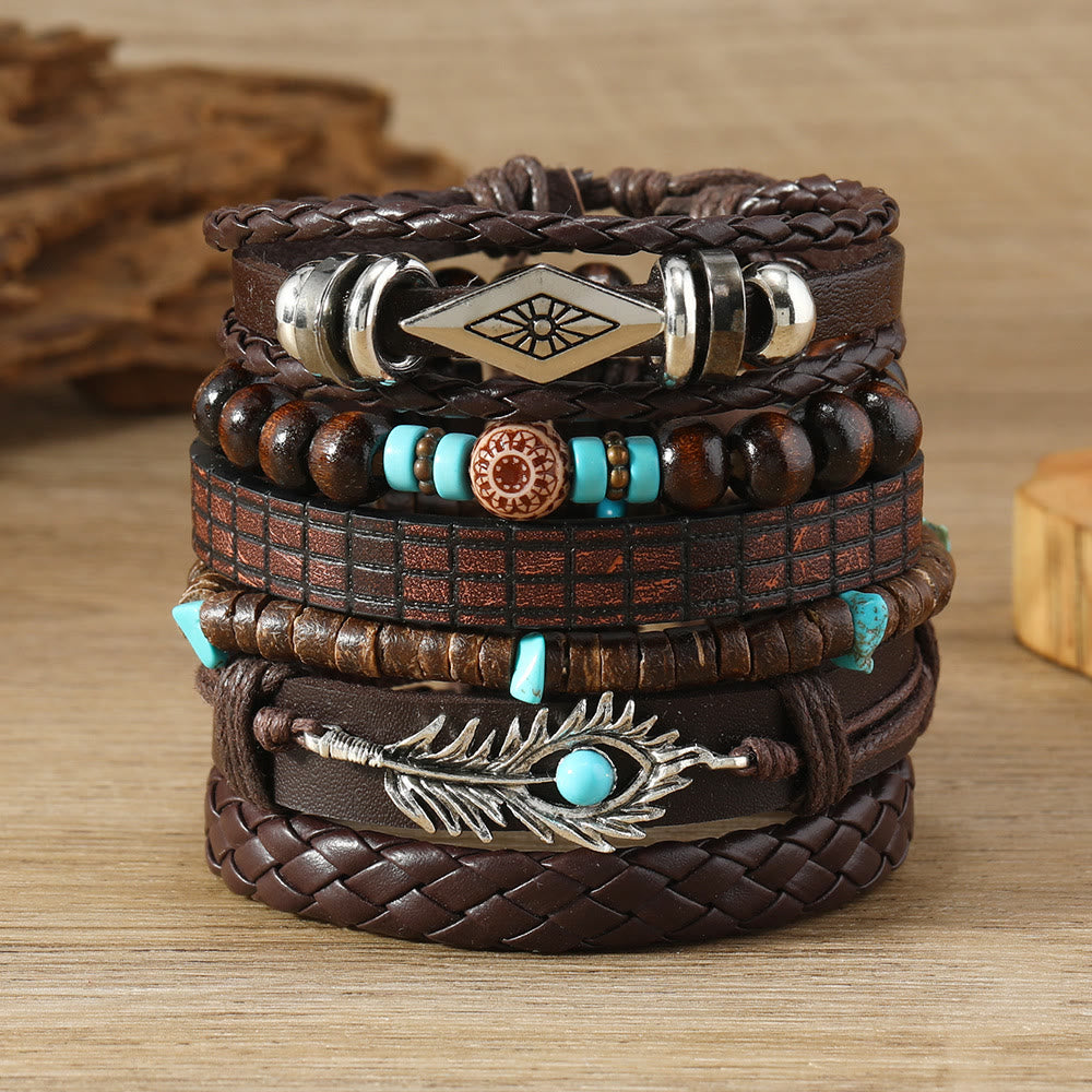Olivenorma Feather Bracciale in pelle intrecciata fatta a mano in pietra naturale - Turchese - image 0