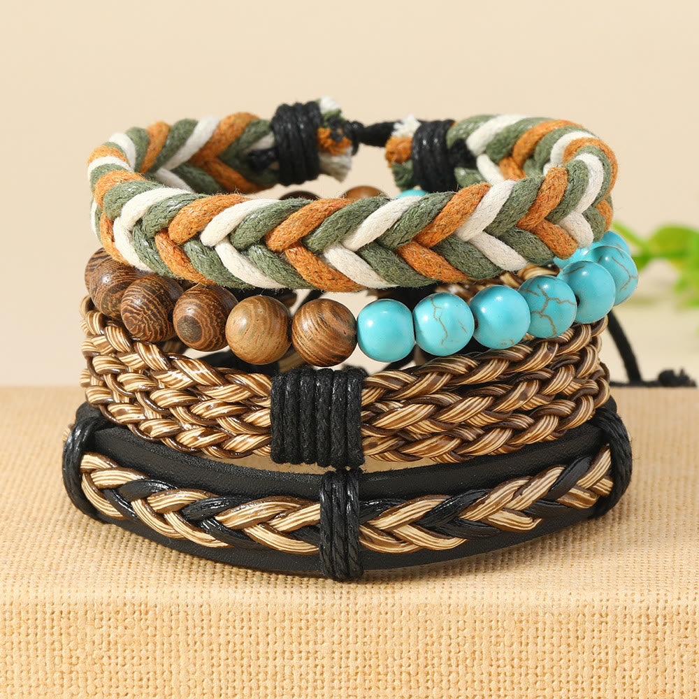 Olivenorma 4 pezzi Bracciale in pelle intrecciata in legno di wenge verde turchese - Turchese - image 0