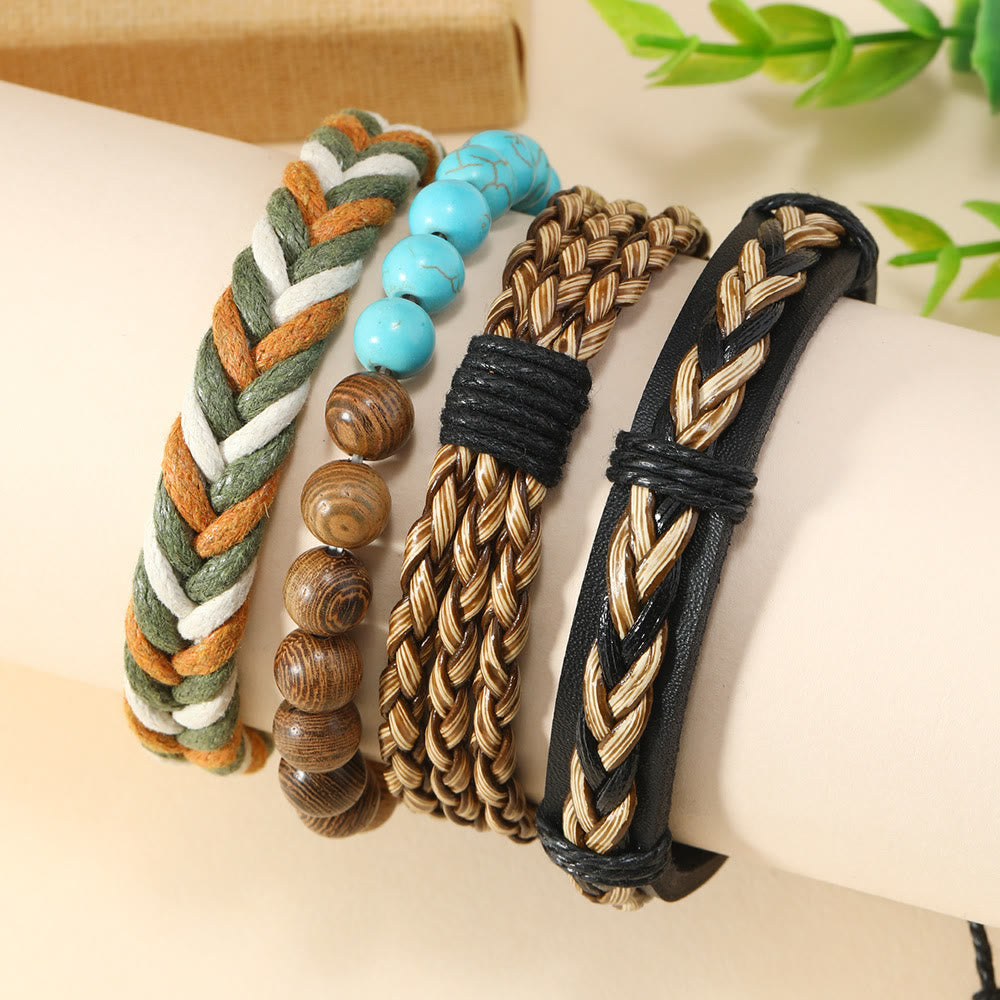 Olivenorma 4 pezzi Bracciale in pelle intrecciata in legno di wenge verde turchese - image 1