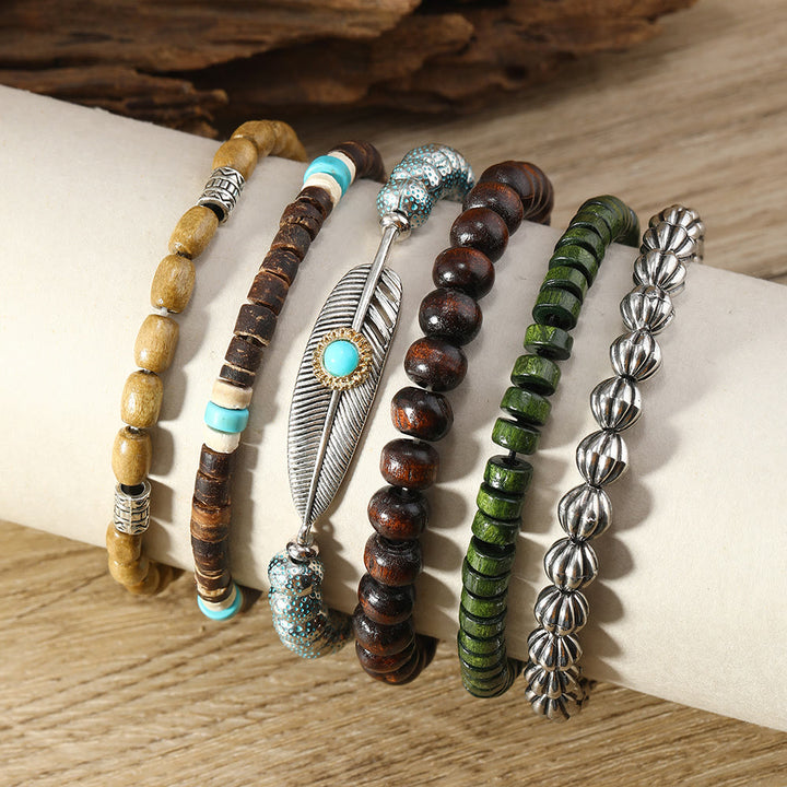 Olivenorma Feather Perline di legno Braccialetto di perline turchese Set 