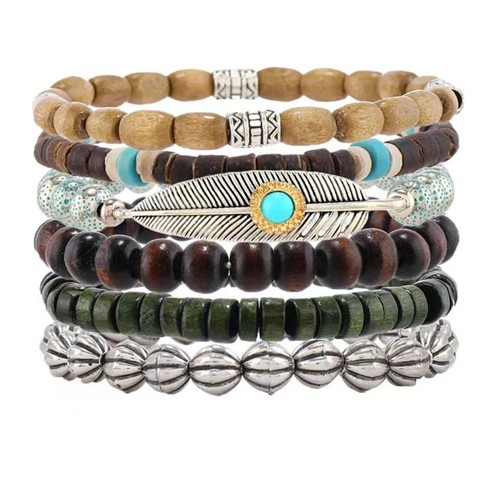 Olivenorma Feather Perline di legno Braccialetto di perline turchese Set 