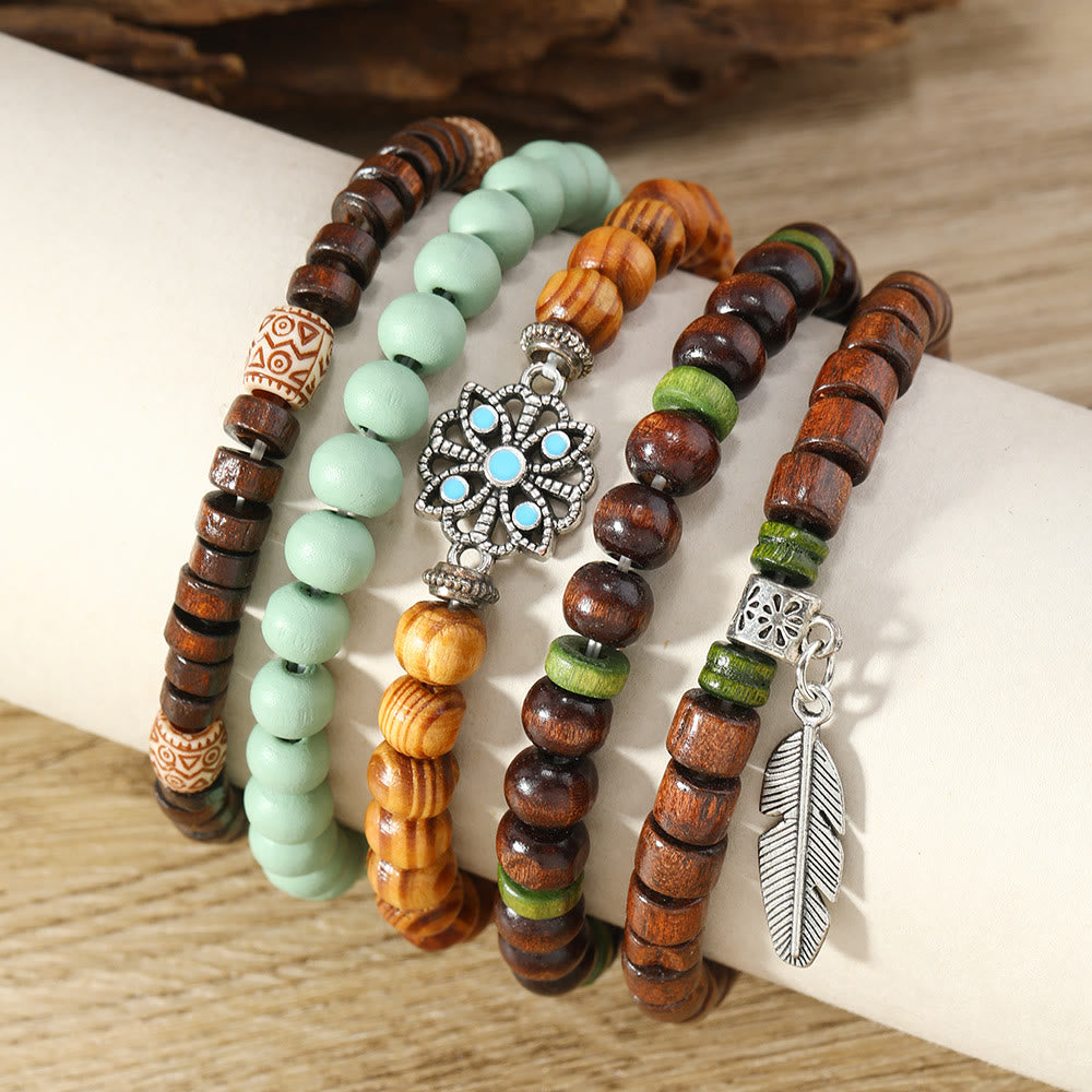 Olivenorma Bohemian Feather Charms Perline di legno Braccialetti impilabili