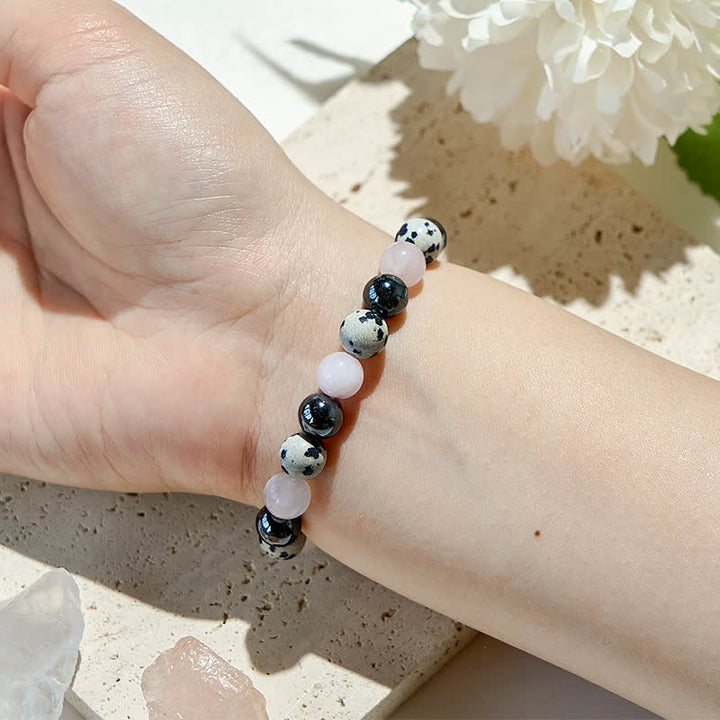 Bracciale Olivenorma in ematite, diaspro dalmata, quarzo rosa